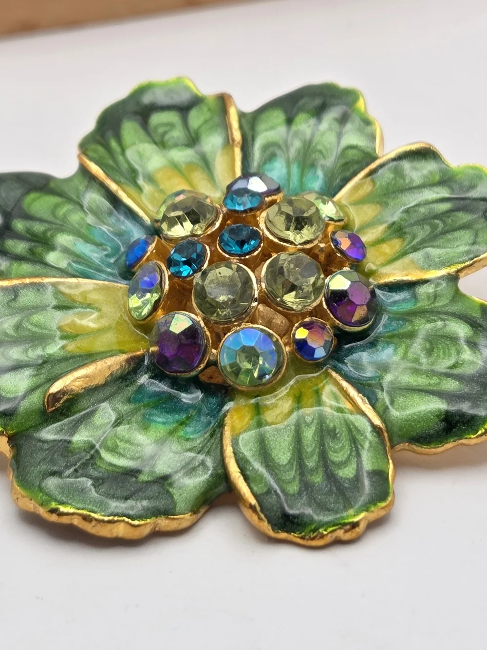 Vintage Enamel Green Flower Brooch AB Rhinestone Center Gold Tone Pin